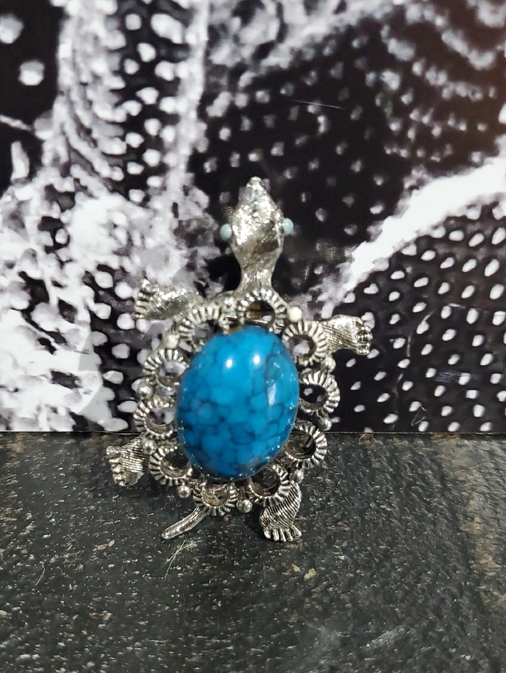 Silver Turtle Pendant with Blue Turquoise Stone
